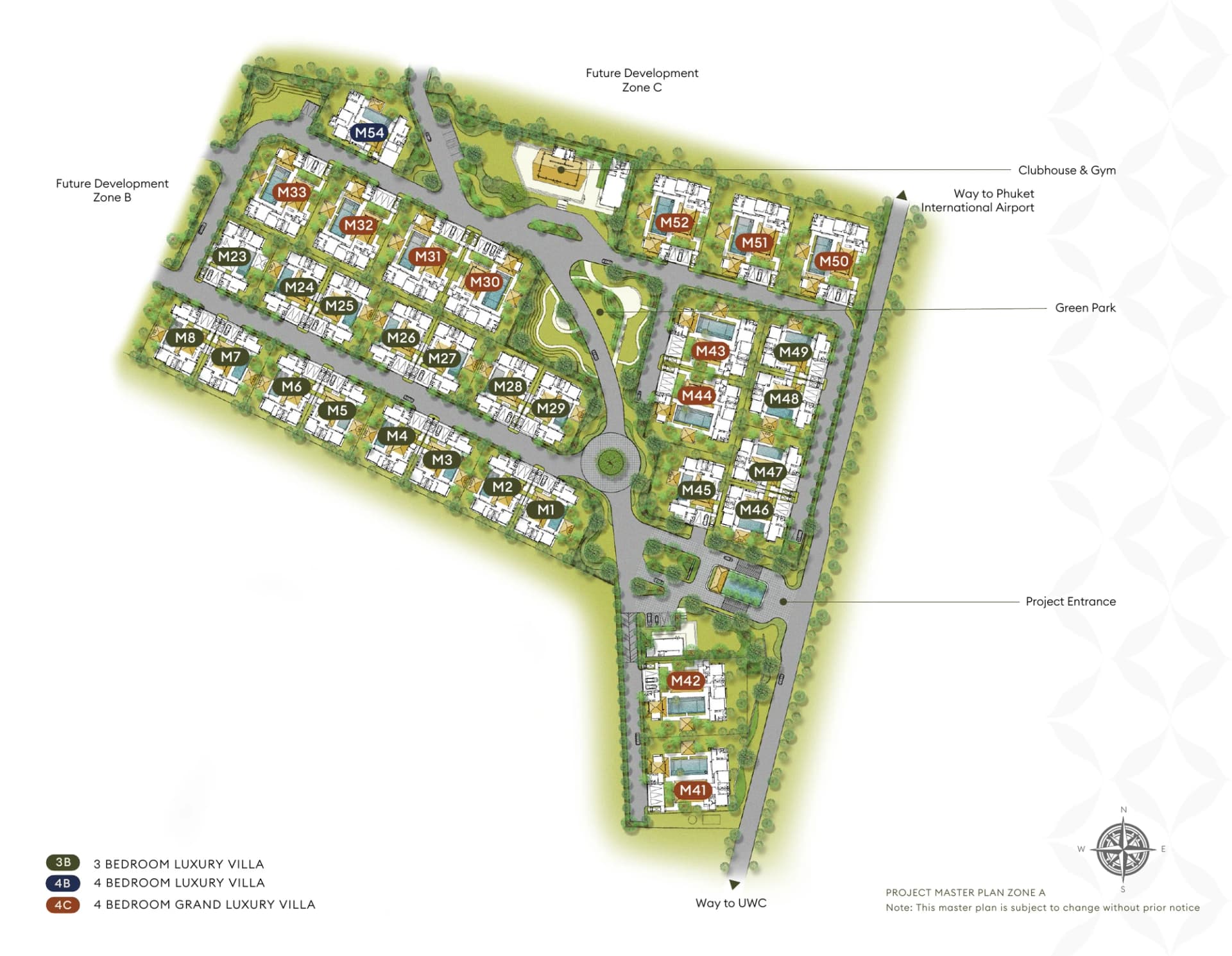 Masterplan Zone A: 32 Villen, farbcodiert nach 3B, 4B und 4C, das Clubhaus, der grüne Park und die Einfahrt